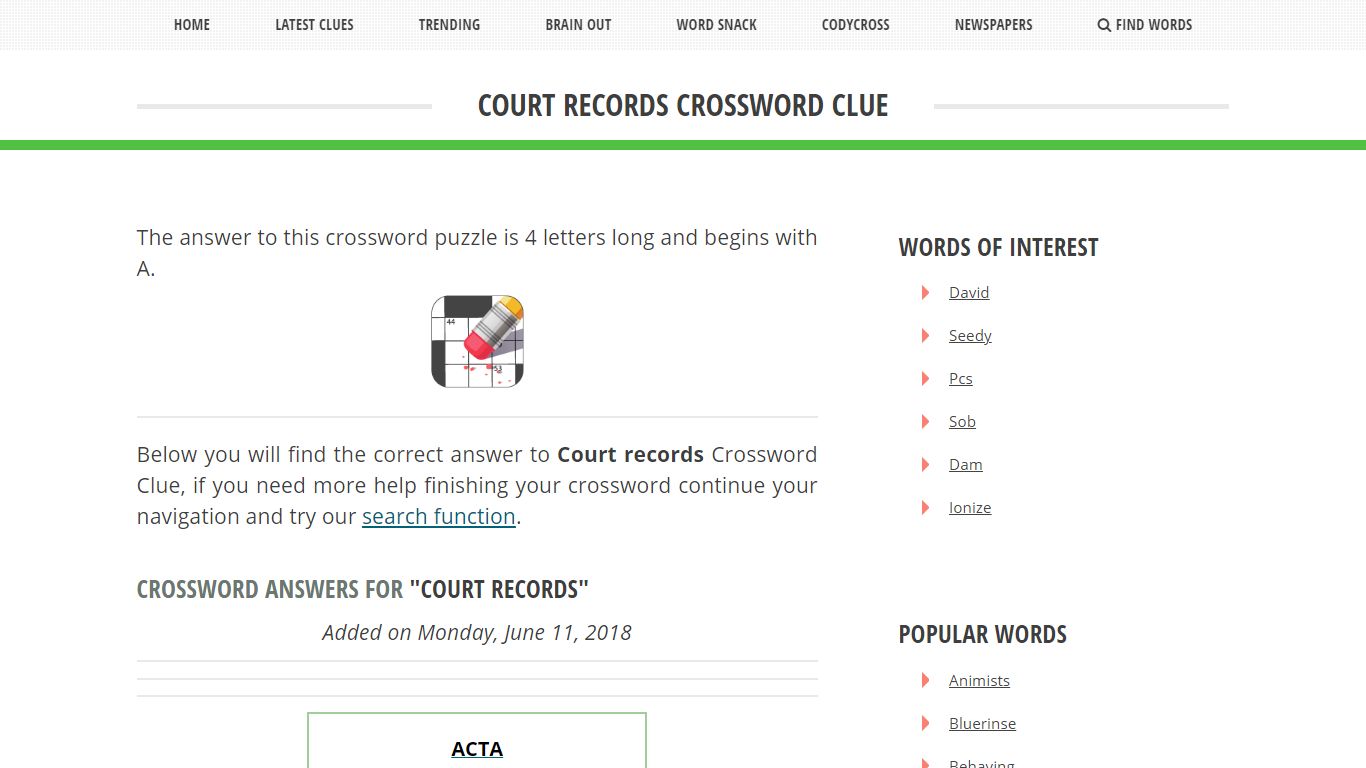 Court Records - Crossword Clue Answer