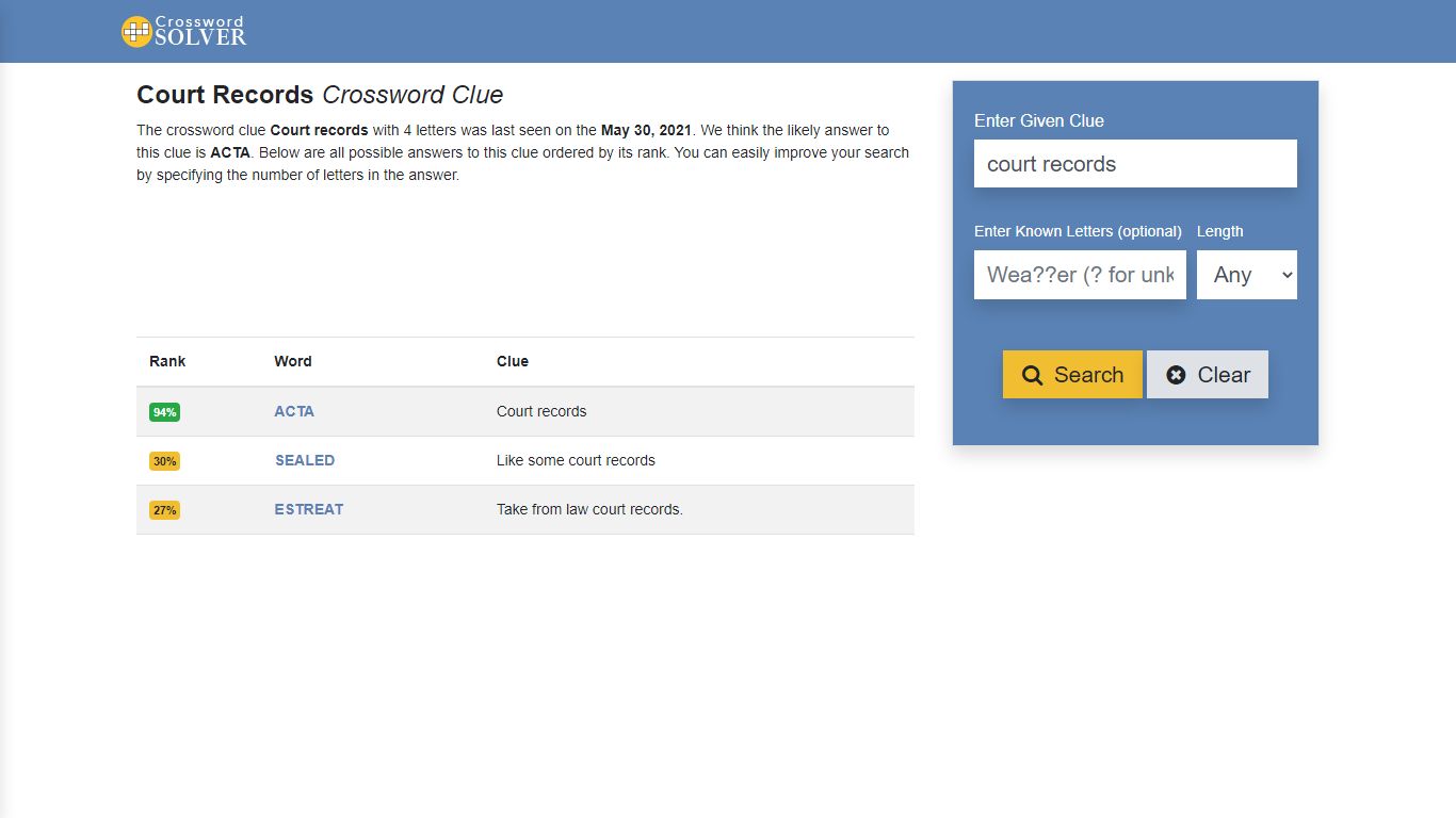 Court Records - Crossword Clue Answers - Crossword Solver
