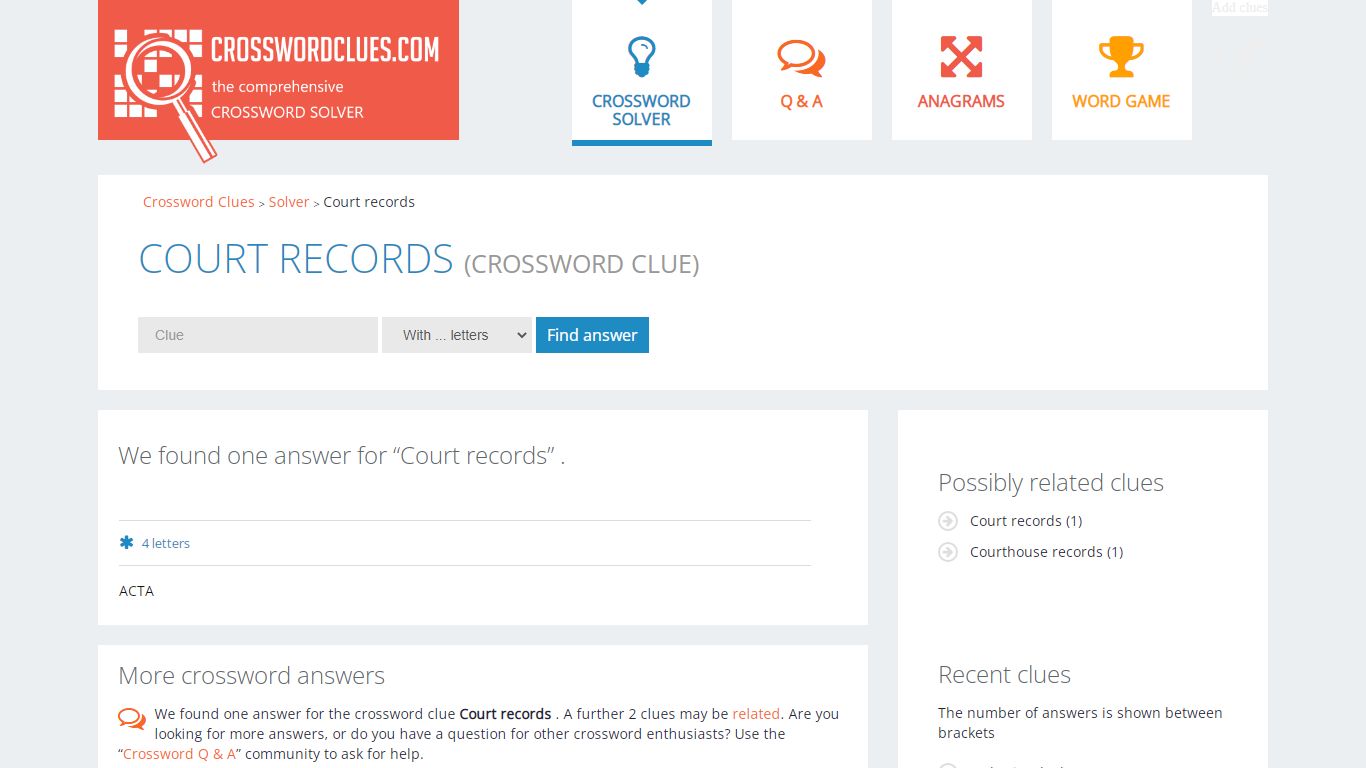 Court records - 1 answer | Crossword Clues